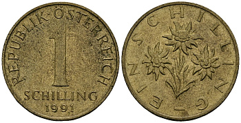 Австрия 1 шиллинг 1991 KM 2886 алюминиевая бронза 4135-225