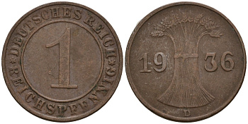 Германия 1 рейхспфенниг 1936 D KM 37, J. 313 бронза 4124-412