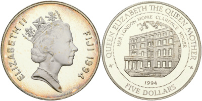 Фиджи 5 долларов 1994 Кларенс-хаус, дом королевы матери KM 69 серебро PROOF 11-073-13
