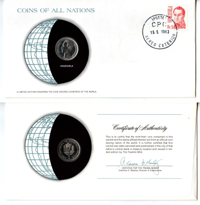 Венесуэла 1 боливар 1977 конверт с маркой первого дня гашения, Coins of Nations KM 52, Schon 62 никель UNC 4294-30-1