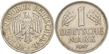 ФРГ 1 МАРКА 1957 J KM 110, J. 385 медно-никель 4551-1234