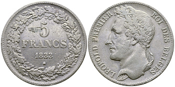 Бельгия 5 франков 1833 Леопольд I (1831-1865), в венке KM 3.1 серебро 74-831