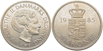 Дания 1 крона 1985 R;B, Маргрете II (1972-) KM 862.3 медно-никель 113-923