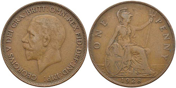 Великобритания 1 пенни 1928 Георг V (1910-1936) KM 838, Spink 4055 бронза 115-233