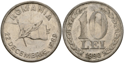 Румыния 10 леев 1990 годовщина революции KM 108 сталь плакированная никелем 4159-641