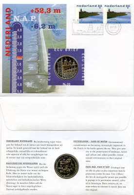 Нидерланды 1 экю 1998 Водные ресурсы, в оригинальном конверте, с марками, первый день гашения X 230 медно-никель BU 4-3-8-39