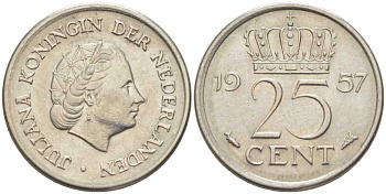 Нидерланды 25 центов 1957 Юлиана (1949-1980) KM 183 никель 214-926