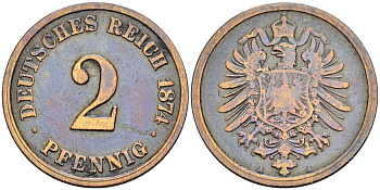 ГЕРМАНИЯ 2 ПФЕННИГА 1874 А, СТАРОГЕРБОВКА KM 2, Jager 2, Weege 3 медь 4546-531