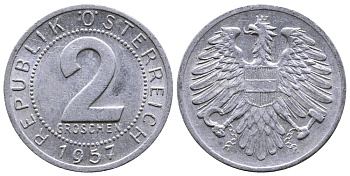 АВСТРИЯ 2 ГРОША 1957 KM 2876 алюминий 26-1147