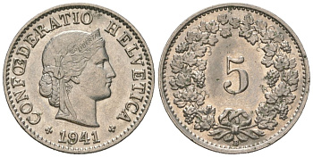 Швейцария 5 раппенов 1941 B, редкий год KM 26b никель aUNC 4124-663