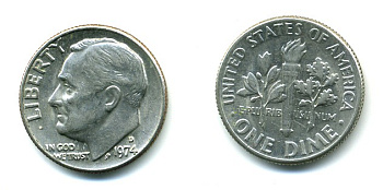 США 10 центов (дайм) 1974 D, Франклин Рузвельт KM 195а медь плакированная медно-никелем 54-334