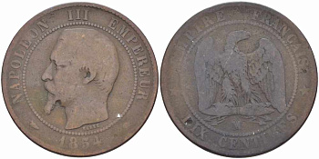 ФРАНЦИЯ 10 САНТИМОВ 1854 MA, НАПОЛЕОН III (1852-1870) KM 771.6, LE FRANC 133.16 бронза 38-926
