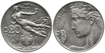 ИТАЛИЯ 20 ЧЕНТЕЗИМО 1920 R KM 44 никель 34-1232