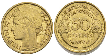 ФРАНЦИЯ 50 САНТИМОВ 1939 ТИП MORLON KM 894.1, LE FRANC 192.15 алюминиевая бронза 44-828
