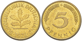 ФРГ 5 ПФЕННИГОВ 1976 G KM 107, J. 382 сталь плакированная латунью 4181-948