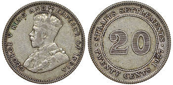 Стрейтс-Сетлментс 20 центов 1927 Георг V (1910-1936) КМ 30b серебро 53-817