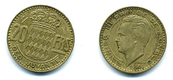 Монако 20 франков 1950 Ренье III (1949-2005) KM 131 алюминиевая бронза 71-1644