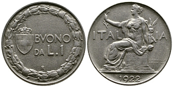 ИТАЛИЯ 1 ЛИРА 1922 R, ВИКТОРИО ИМАНУИЛ III (1900-1946) KM 62 никель 51-1516