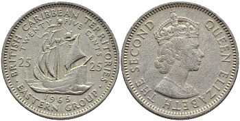 Британские Восточно-Карибские территории 25 центов 1965 Елизавета II (1952-2022), парусник KM 6 медно-никель 83-1316