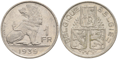 Бельгия 1 франк 1939 BELGIQUE KM 90 никель 4143-553