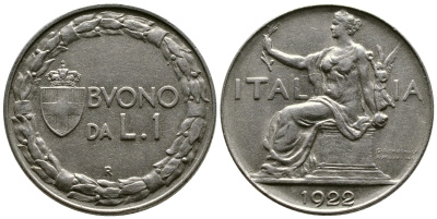 ИТАЛИЯ 1 ЛИРА 1922 R, ВИКТОРИО ИМАНУИЛ III (1900-1946) KM 62 никель 51-1516