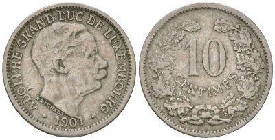 Люксембург 10 сантимов 1901 Адольф (1890-1905) KM 25 никель 4615-815
