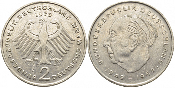 ФРГ 2 МАРКИ 1976 F, ТЕОДОР ХОЙС KM 127, J. 407 медно-никель плакированный никелем 3856-336