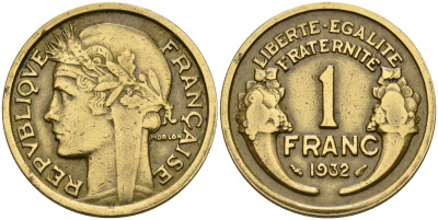 Франция 1 франк 1932 тип Морлон KM 885 алюминиевая бронза    4153-421