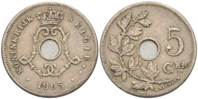 БЕЛЬГИЯ 5 САНТИМОВ 1905 BELGIE KM 55 медно-никель 4549-1027