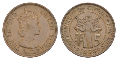Кипр 5 милей 1956 Елизавета II (1952-2022) KM 34 бронза 4648-1017