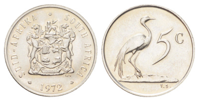 ЮАР 5 центов 1972 герб, райский журавль KM 84 никель UNC 4696-955