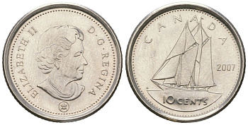 Канада 10 центов 2007 Leaf, Елизавета II (1952-2022), парусник KM 492 сталь плакированный никелем UNC 4382-1143