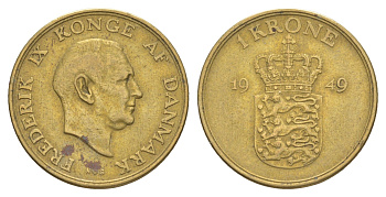 Дания 1 крона 1949 N, Фредерик IX (1947-1972) KM 837 алюминиевая бронза 4638-721