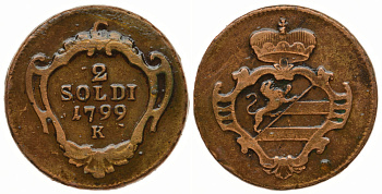 ИТАЛИЯ, ГОРИЦИЯ 2 СОЛЬДИ 1799 К, АВСТРИЙСКАЯ ОККУПАЦИЯ KM 9.4 медь 560-1622