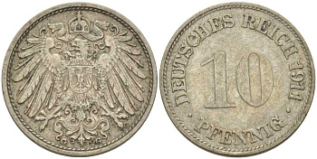 ГЕРМАНИЯ 10 ПФЕННИГОВ 1911 G KM 12, J. 13, Weege 8 медно-никель 212-142