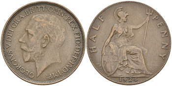 Великобритания 1/2 пенни 1924 Георг V (1910-1936) KM 809, Spink 4056 бронза 4514-653