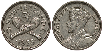 Новая Зеландия 3 пенса 1933 Георг V (1910-1936) KM 1 серебро aUNC 272-221