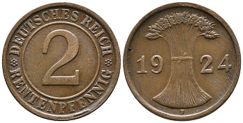 ГЕРМАНИЯ 2 РЕНТЕНПФЕННИГА 1924 F KM 31, J. 307 бронза 24-641