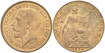 Великобритания 1/2 пенни 1924 Георг V (1910-1936) KM 809, Spink 4056 бронза 4514-657