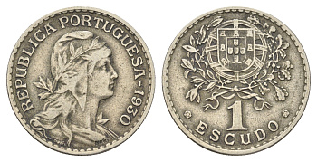 Португалия 1 эскудо 1930 голова Свободы вправо, редкий год KM 578 никель латунь 4660-344