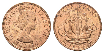 Великобритания 1/2 пенни 1966 Елизавета II (1952-2022) KM 896, Spink 4158 бронза aUNC 4662-1255