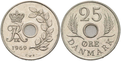 Дания 25 эре 1969 С;S, Фредерик IX (1947-1972) KM 855 медно-никель 4571-342