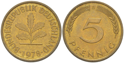 ФРГ 5 ПФЕННИГОВ 1978 D KM 107, J. 382 сталь плакированная латунью 4181-961