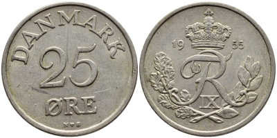 Дания 25 эре 1955 N; S, Фредерик IX (1947-1972) KM 842.1 медно-никель 4398-936