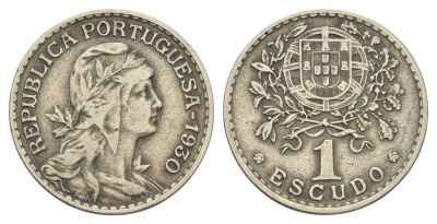Португалия 1 эскудо 1930 голова Свободы вправо, редкий год KM 578 никель латунь 4660-344