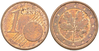 ГЕРМАНИЯ 1 ЕВРОЦЕНТ 2002 F KM 207 сталь плакированная медью 4528-628