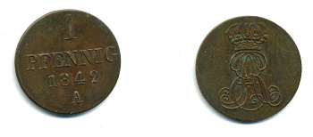 Ганновер 1 пфенниг 1842 A, Эрнст Август (1837-1851) KM 173.1, AKS 126, J. 54 медь 71-1541