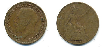 Великобритания 1 пенни 1914 Георг V (1910-1936) KM 810, Spink 4051бронза 4110-122