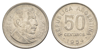 Аргентина 50 сентаво 1954 генерал Хосе де Сан Мартин KM 49 сталь плакированная никелем 4633-222