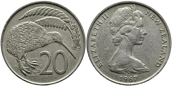 Новая Зеландия 20 центов 1967 Елизавета II (1952-2022), птичка киви KM 36.1 медно-никель 111-334